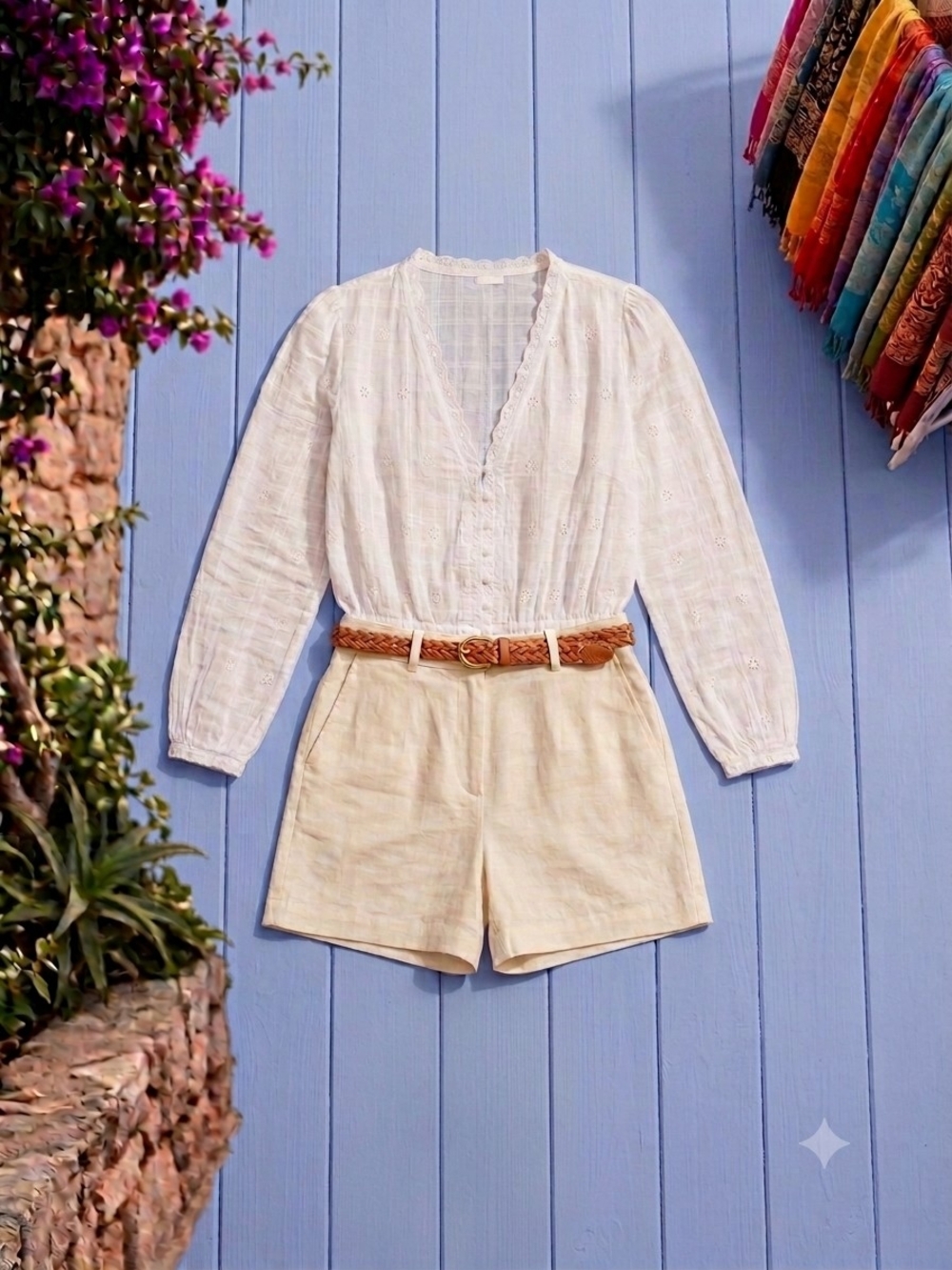 Japna White  Linen-Blend Long Sleeve Blouse